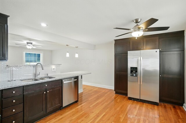 1574 River Bend Rd, Columbus, OH 43223 - kitchen with appliances with stainless steel finishes, a ceiling fan, decorative backsplash, light wood-style flooring, and dark brown cabinets