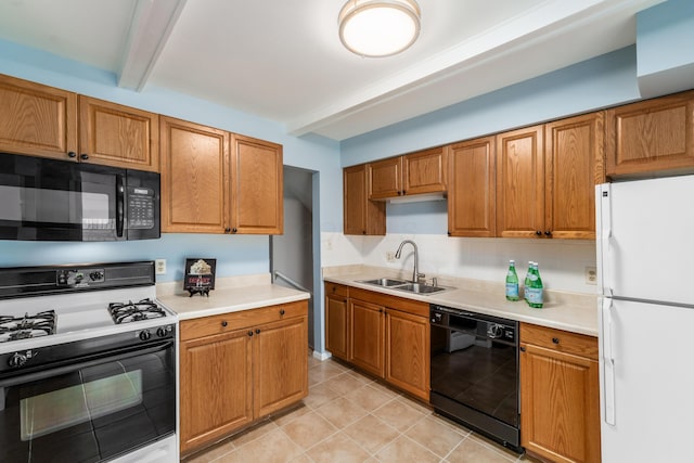 1276 Bryson Rd, Columbus, OH 43224 - kitchen featuring black appliances, backsplash, light countertops, brown cabinets, and beamed ceiling