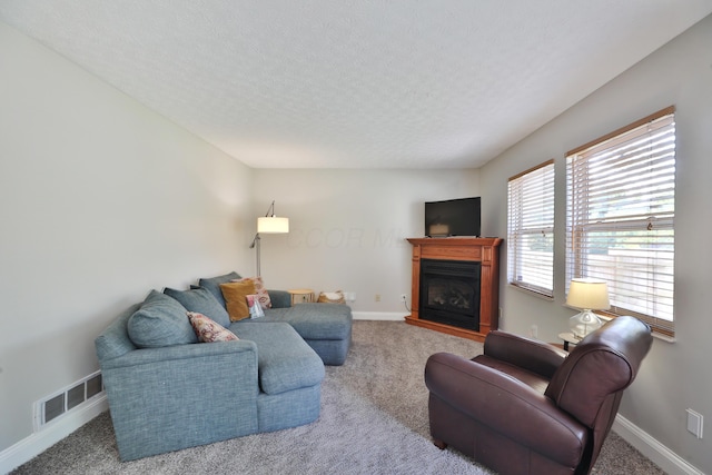 5983 Epernay Way, Galloway, OH 43119 - living area with carpet floors, a fireplace with raised hearth, and a textured ceiling