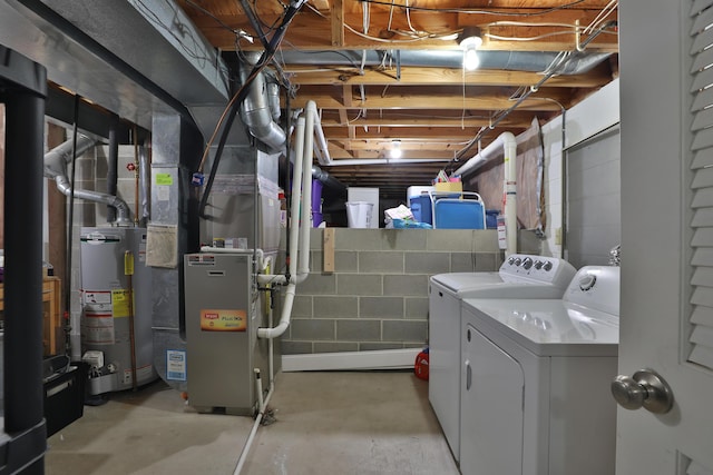 5983 Epernay Way, Galloway, OH 43119 - unfinished basement with washer and clothes dryer, water heater, concrete block wall, and heating unit