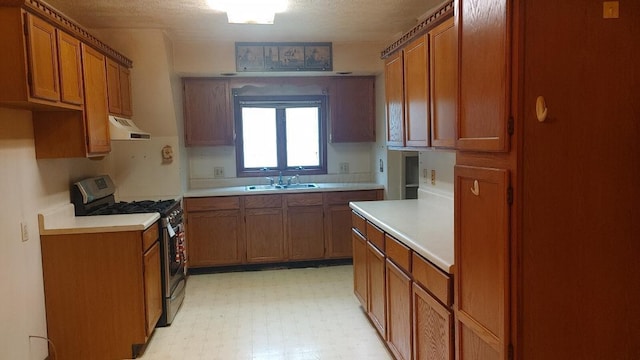 103 Center St, Waldo, OH 43356 - kitchen with stainless steel range with gas stovetop, under cabinet range hood, brown cabinets, and light countertops