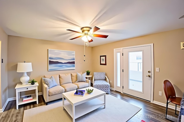 83 Tarryton Ct W, Columbus, OH 43228 - living room featuring ceiling fan and dark wood-type flooring
