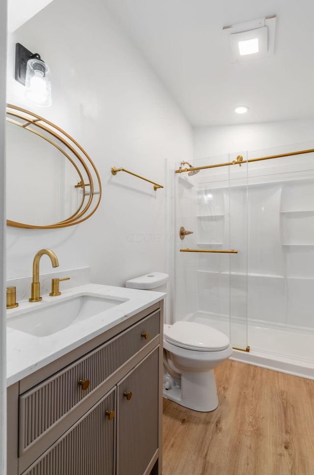 165 W Jersey St, Johnstown, OH 43031 - bathroom featuring wood finished floors, vanity, and a shower stall