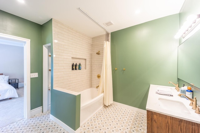 56 S Champion Ave, Columbus, OH 43205 - full bath with shower / bathtub combination with curtain, double vanity, connected bathroom, and tile patterned floors