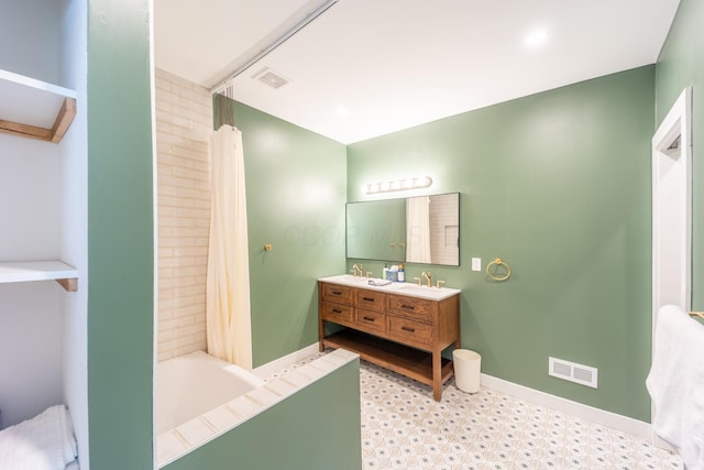 56 S Champion Ave, Columbus, OH 43205 - bathroom featuring double vanity, tile patterned floors, and shower / bathtub combination with curtain