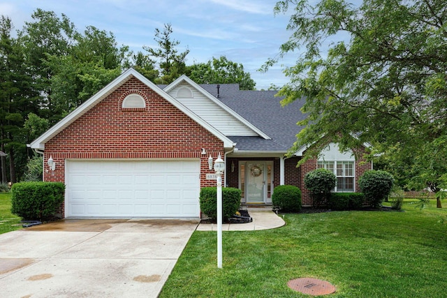 6838 Evergreen Cir, Dayton, OH 45424 - traditional-style home with driveway, brick siding, a front yard, and a garage