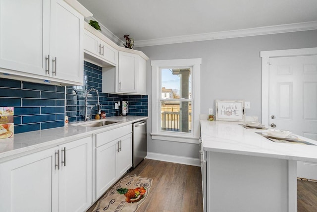 670-672 E Jenkins Ave, Columbus, OH 43207 - kitchen featuring a peninsula, stainless steel dishwasher, crown molding, dark wood-style floors, and backsplash