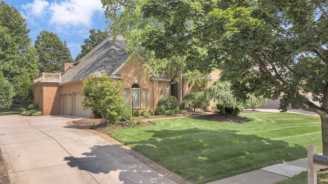 3917 Tarrington Ln, Columbus, OH 43220 - view of property hidden behind natural elements with brick siding, a garage, a front yard, and concrete driveway
