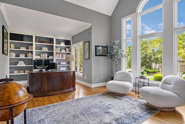 3917 Tarrington Ln, Columbus, OH 43220 - office area featuring wood finished floors, healthy amount of natural light, ornamental molding, and high vaulted ceiling