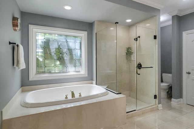 3917 Tarrington Ln, Columbus, OH 43220 - full bath with a shower stall, a garden tub, tile patterned floors, crown molding, and recessed lighting