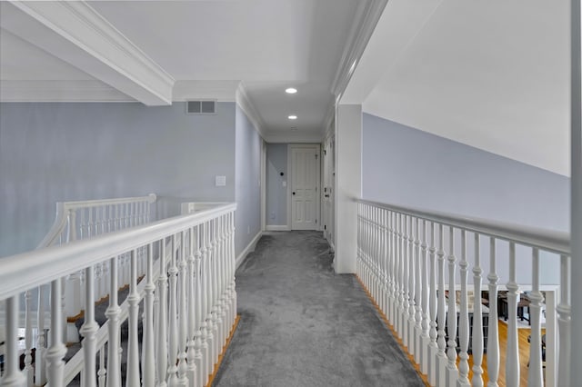 3917 Tarrington Ln, Columbus, OH 43220 - hallway with crown molding, carpet flooring, and recessed lighting