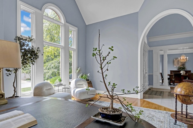 3917 Tarrington Ln, Columbus, OH 43220 - home office with high vaulted ceiling, a chandelier, and arched walkways