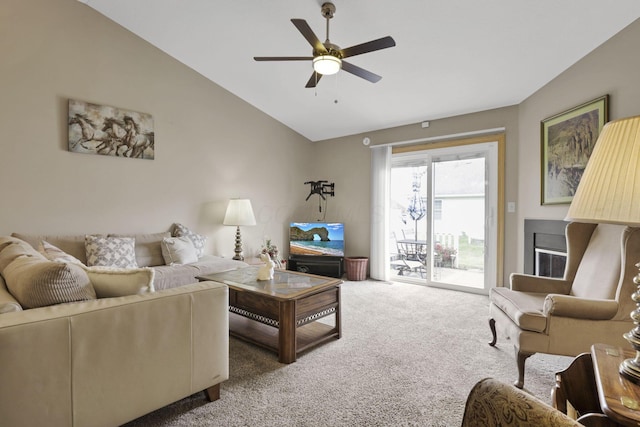1104 Arbor Oaks Ln, Galloway, OH 43119 - living area with carpet floors, vaulted ceiling, and a ceiling fan