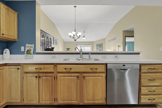 1104 Arbor Oaks Ln, Galloway, OH 43119 - kitchen featuring dishwasher, lofted ceiling, light countertops, a chandelier, and pendant lighting