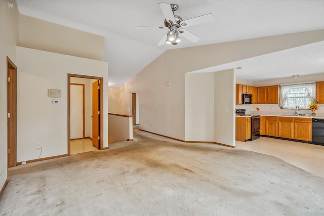 1344 Bluffton Ct, Columbus, OH 43228 - unfurnished living room featuring vaulted ceiling, light carpet, and ceiling fan