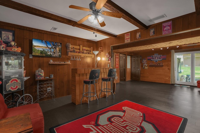 2542 Eckert Rd, Lexington, OH 44904 - bar featuring wood walls, a ceiling fan, beamed ceiling, and wood finished floors