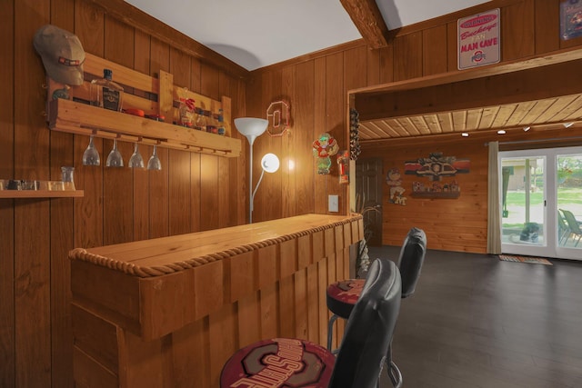 2542 Eckert Rd, Lexington, OH 44904 - indoor dry bar with wood walls, beamed ceiling, and wood finished floors