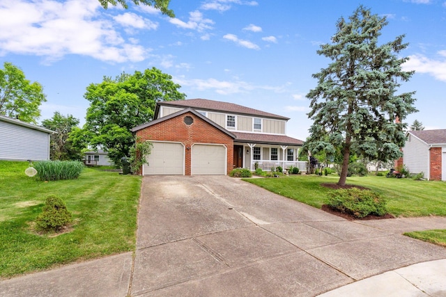 8621 Renford Ct, Powell, OH 43065 - traditional home with covered porch, brick siding, a garage, a front lawn, and concrete driveway