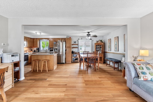 8621 Renford Ct, Powell, OH 43065 - living area with light wood finished floors, a ceiling fan, and a textured ceiling