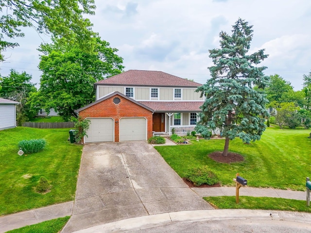 8621 Renford Ct, Powell, OH 43065 - traditional home with covered porch, brick siding, a garage, concrete driveway, and roof with shingles