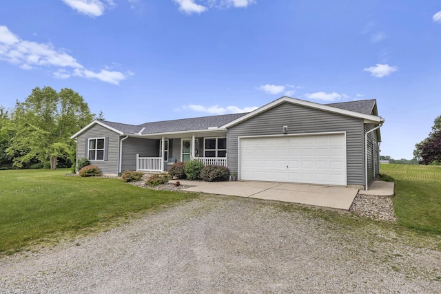 1290 Knorr Rd, Galion, OH 44833 - ranch-style home featuring a porch, dirt driveway, a garage, a front yard, and a shingled roof