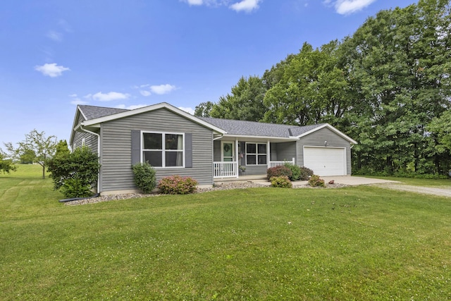 1290 Knorr Rd, Galion, OH 44833 - ranch-style home featuring covered porch, concrete driveway, a garage, and a front lawn