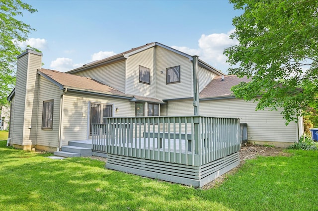 7591 Creekbend Dr, Pickerington, OH 43147 - back of house featuring a chimney, a deck, a lawn, and roof with shingles