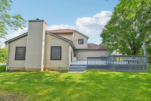 7591 Creekbend Dr, Pickerington, OH 43147 - back of house with a wooden deck, a yard, and a chimney