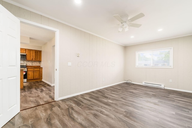 5032 Labelle Dr, Columbus, OH 43232 - empty room with a baseboard radiator, ornamental molding, dark wood-style floors, a ceiling fan, and recessed lighting
