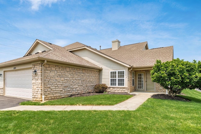 8209 Farm Crossing Cir, Powell, OH 43065 - view of front of home with roof with shingles, stone siding, an attached garage, and a chimney