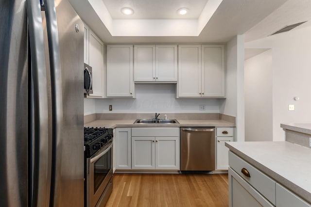 8209 Farm Crossing Cir, Powell, OH 43065 - kitchen with stainless steel appliances, light countertops, light wood-style floors, and a raised ceiling