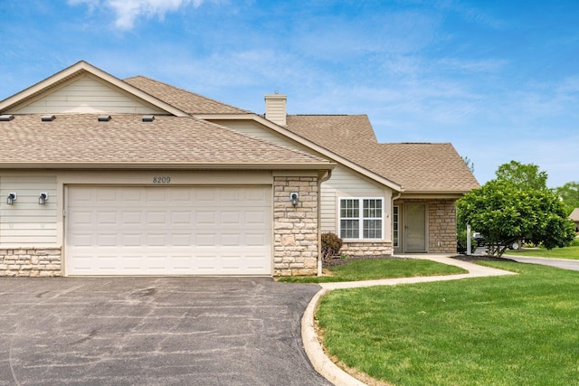8209 Farm Crossing Cir, Powell, OH 43065 - view of front facade featuring asphalt driveway, a shingled roof, a chimney, and a front lawn