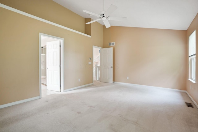 8020 Glenmore Dr, Powell, OH 43065 - spare room with ceiling fan, light carpet, and high vaulted ceiling