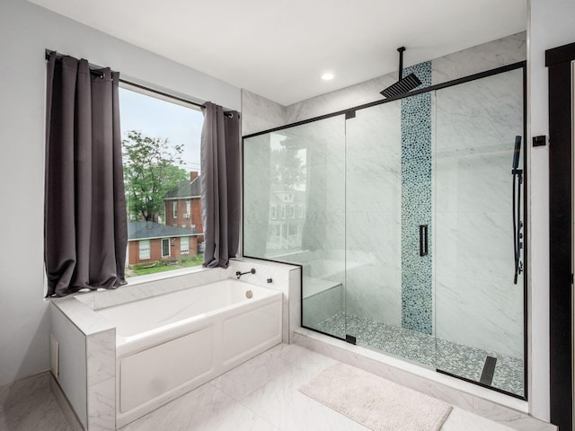 241 N 17th St, Columbus, OH 43203 - full bath featuring a bath, a stall shower, marble finish floors, and recessed lighting