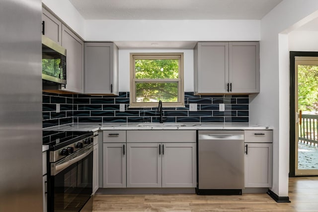 1908 Lost Valley Rd, Powell, OH 43065 - kitchen with stainless steel appliances, gray cabinetry, light wood-style flooring, and healthy amount of natural light