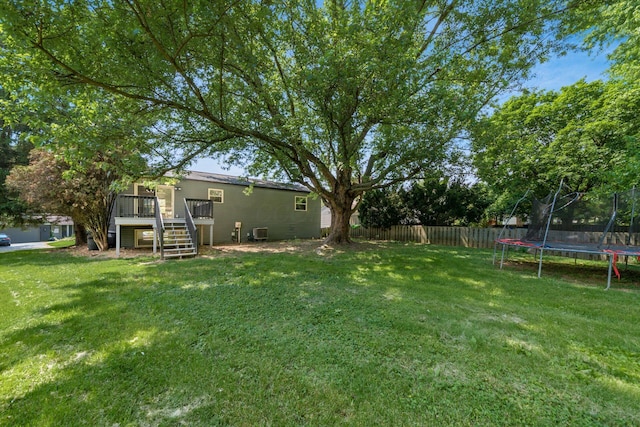 1908 Lost Valley Rd, Powell, OH 43065 - fenced backyard featuring a trampoline, stairway, and a wooden deck