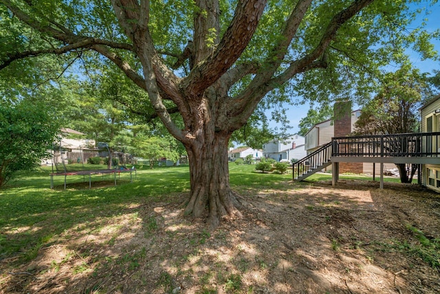 1908 Lost Valley Rd, Powell, OH 43065 - view of grassy yard featuring a trampoline, stairs, and a deck