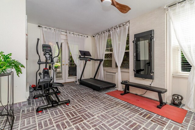 233 Preston Rd, Columbus, OH 43209 - workout area featuring brick floors, ceiling fan, and plenty of natural light