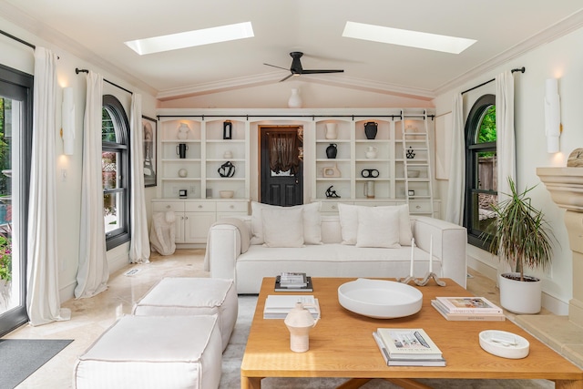233 Preston Rd, Columbus, OH 43209 - living room featuring a skylight, ornamental molding, lofted ceiling, and a ceiling fan