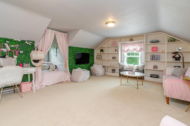 233 Preston Rd, Columbus, OH 43209 - carpeted living area featuring lofted ceiling and built in shelves