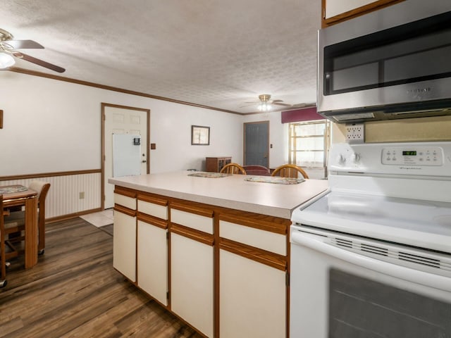 4401 Hammerton Dr Unit 13A, Columbus, OH 43228 - kitchen with electric range, stainless steel microwave, a ceiling fan, a textured ceiling, and wainscoting