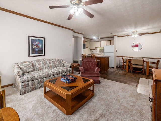 4401 Hammerton Dr Unit 13A, Columbus, OH 43228 - living area with ceiling fan, ornamental molding, a textured ceiling, and dark carpet