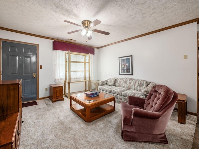 4401 Hammerton Dr Unit 13A, Columbus, OH 43228 - living area featuring ceiling fan, ornamental molding, a textured ceiling, and light colored carpet