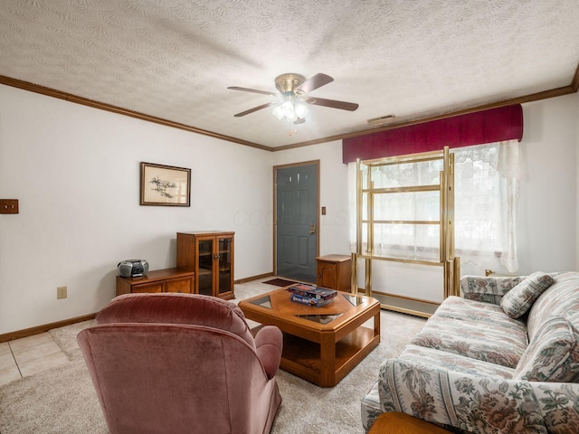 4401 Hammerton Dr Unit 13A, Columbus, OH 43228 - living room featuring ornamental molding, a ceiling fan, light colored carpet, and a textured ceiling