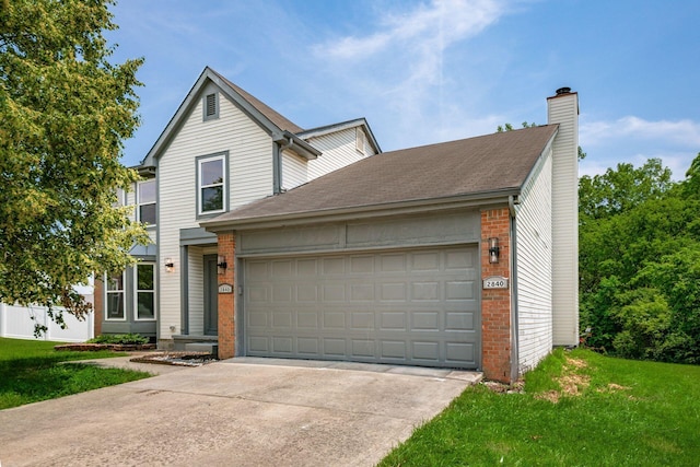 2840 Harnet Ct, Columbus, OH 43231 - traditional-style home featuring a chimney, an attached garage, driveway, brick siding, and a front yard