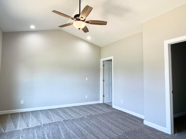 32352 Lilac Ln, Logan, OH 43138 - empty room with dark carpet, ceiling fan, vaulted ceiling, and recessed lighting