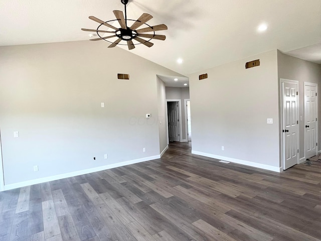 32352 Lilac Ln, Logan, OH 43138 - empty room with a ceiling fan, recessed lighting, dark wood-type flooring, and lofted ceiling