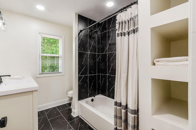 1233 Oakwood Ave, Columbus, OH 43206 - full bathroom with marble finish floors, vanity, shower / bath combination with curtain, and recessed lighting