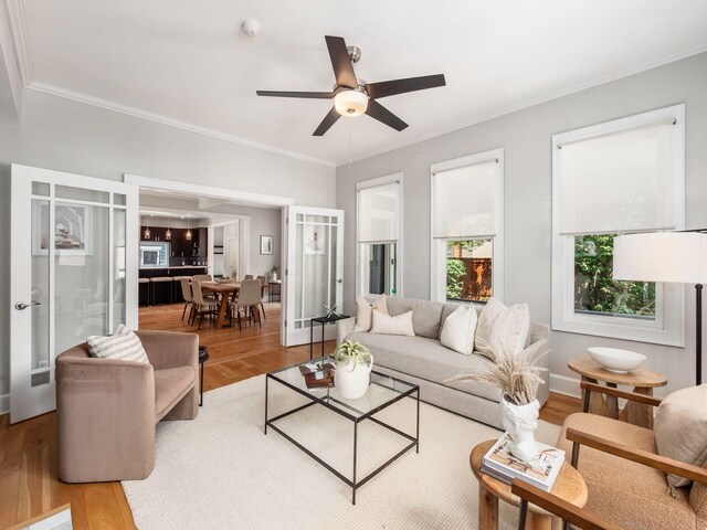 248 E Whittier St, Columbus, OH 43206 - living area with wood finished floors, ornamental molding, and ceiling fan