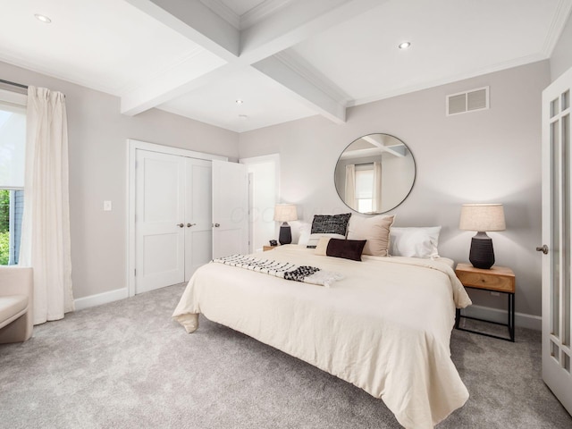 248 E Whittier St, Columbus, OH 43206 - carpeted bedroom featuring beamed ceiling, a closet, and recessed lighting